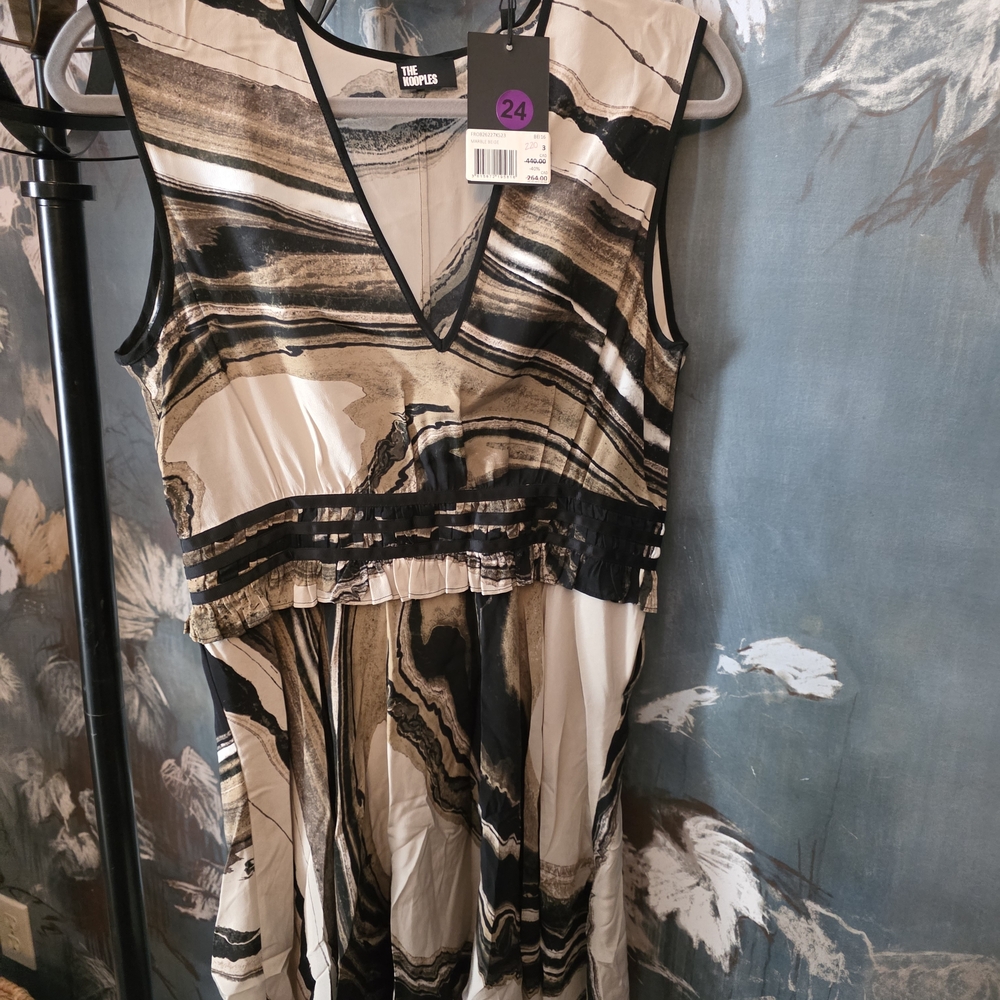 The Kooples Marble-Print V-Neck Midi Dress in Beige & Black